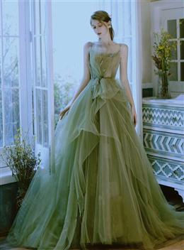 Picture of Green Tulle Floor Length Straps Long Wedding Party Dresses, Green Tulle Prom Dress